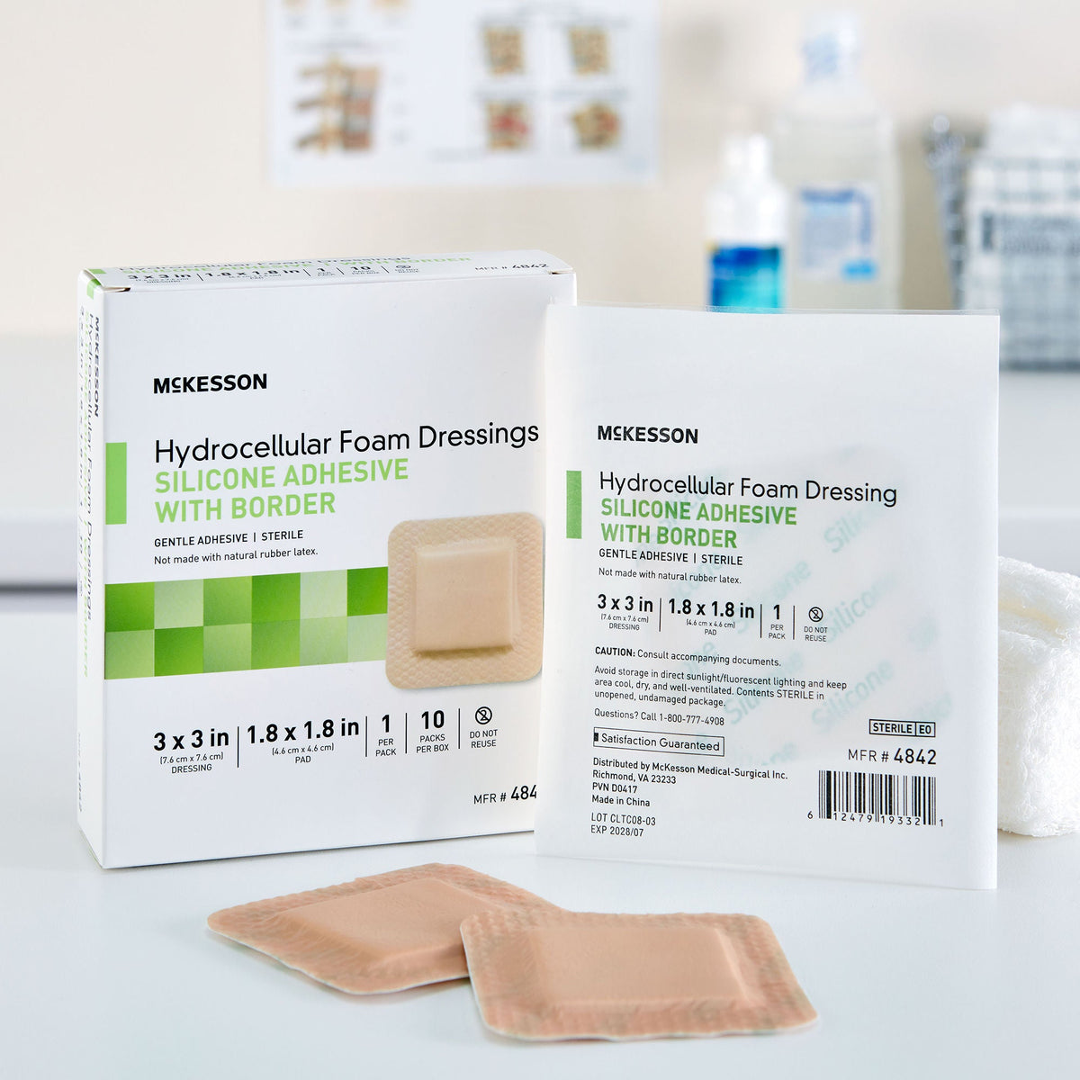 McKesson 3 x 3 Inch Sterile 5-Layer Foam Dressing w/ Border Film Backing Silicone Gel Adhesive Square (4842)