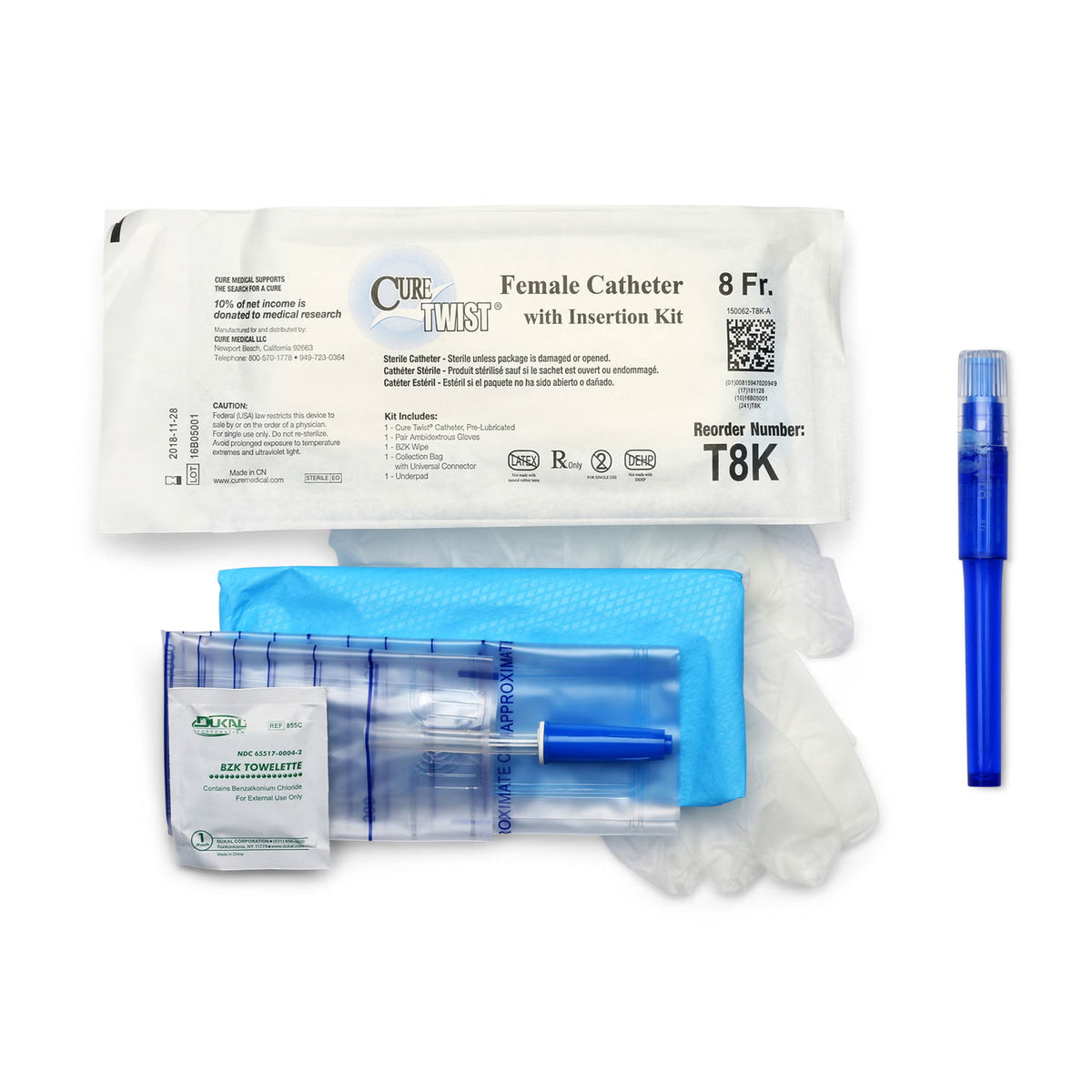 Cure Twist® 6" Female / Straight Tip 8 Fr. Intermittent Catheter Tray (T8K)