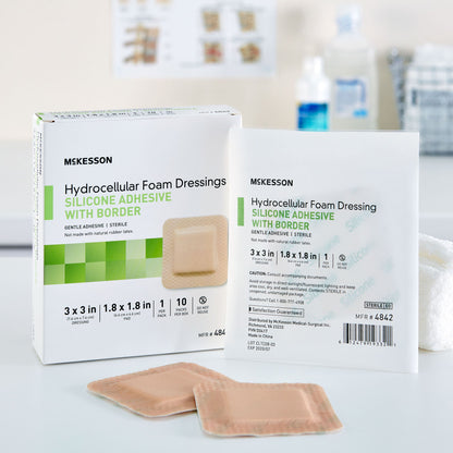 McKesson 3 x 3 Inch Sterile 5-Layer Foam Dressing w/ Border Film Backing Silicone Gel Adhesive Square (4842)