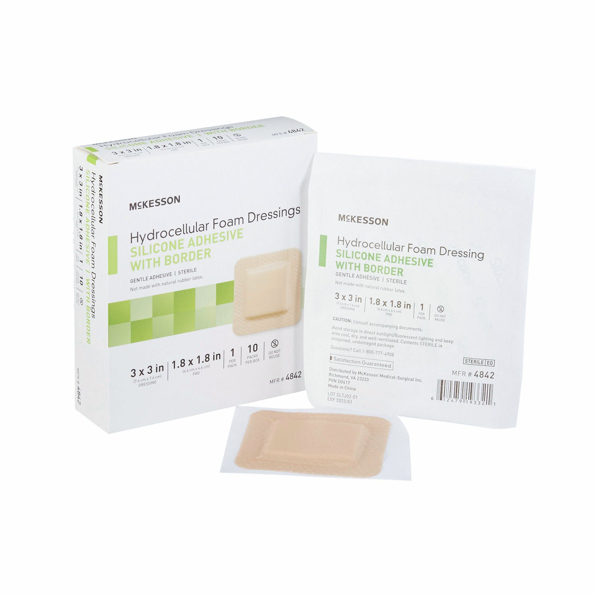McKesson 3 x 3 Inch Sterile 5-Layer Foam Dressing w/ Border Film Backing Silicone Gel Adhesive Square (4842)