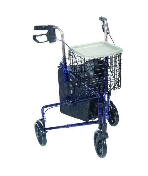 3 Wheel Walker Rollator with Basket Tray and Pouch, Flame Blue